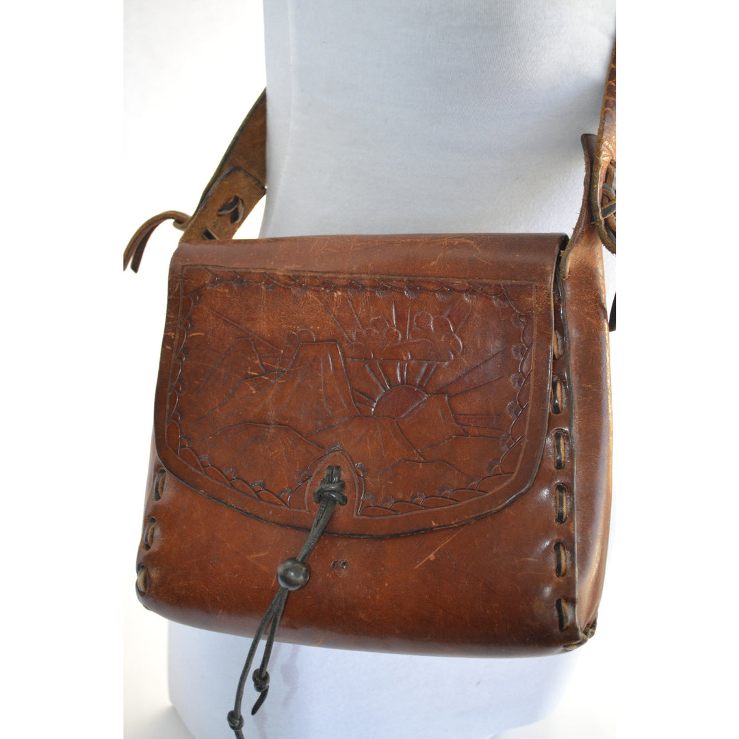 Vintage Hippy Boho Sunset Tooled Leather Purse