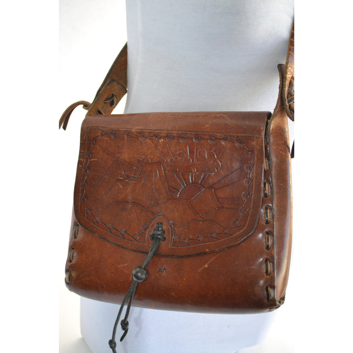 Vintage Hippy Boho Sunset Tooled Leather Purse