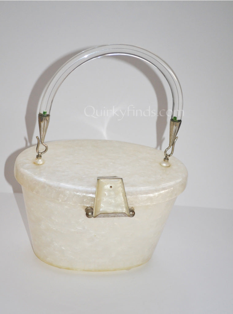 Vintage Llewellyn Inc. White Pearlized Basket Style Lucite Purse