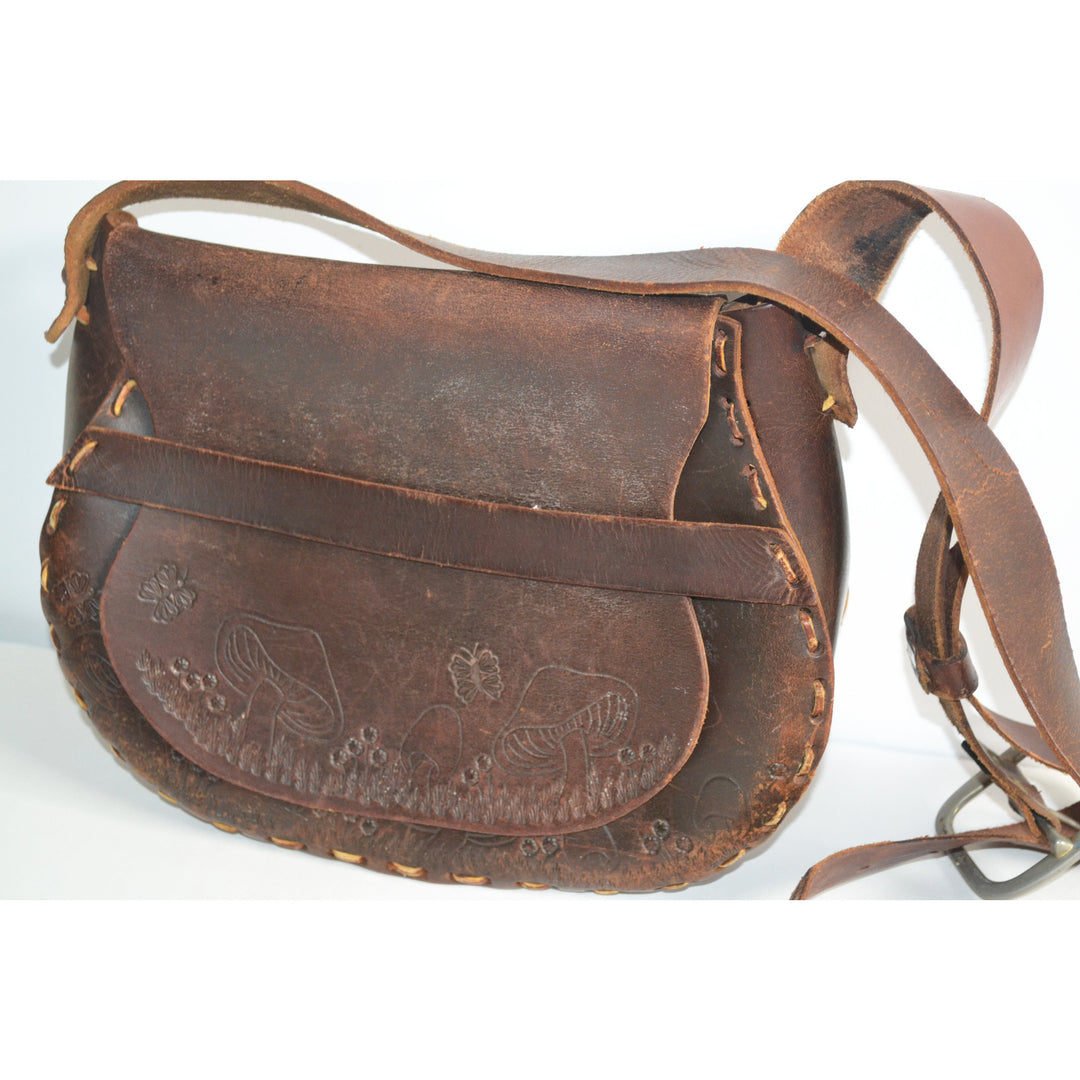 Vintage Brown Tooled Leather Mushroom Hippy Purse