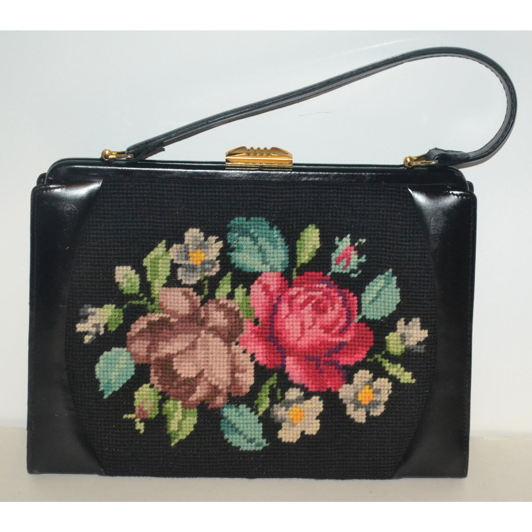 Vintage Black Leather & Needlepoint Purse