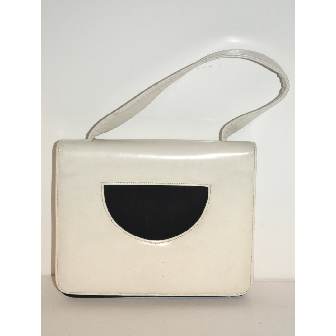 Vintage White & Black Leather Handbag By Nicholas Reich 