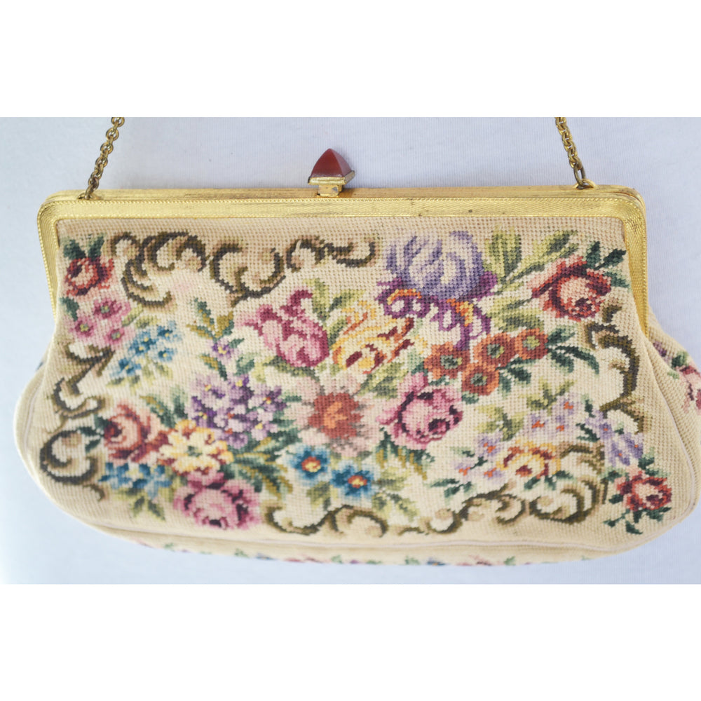 Vintage Floral Austrian Jeweled Petit Point Purse