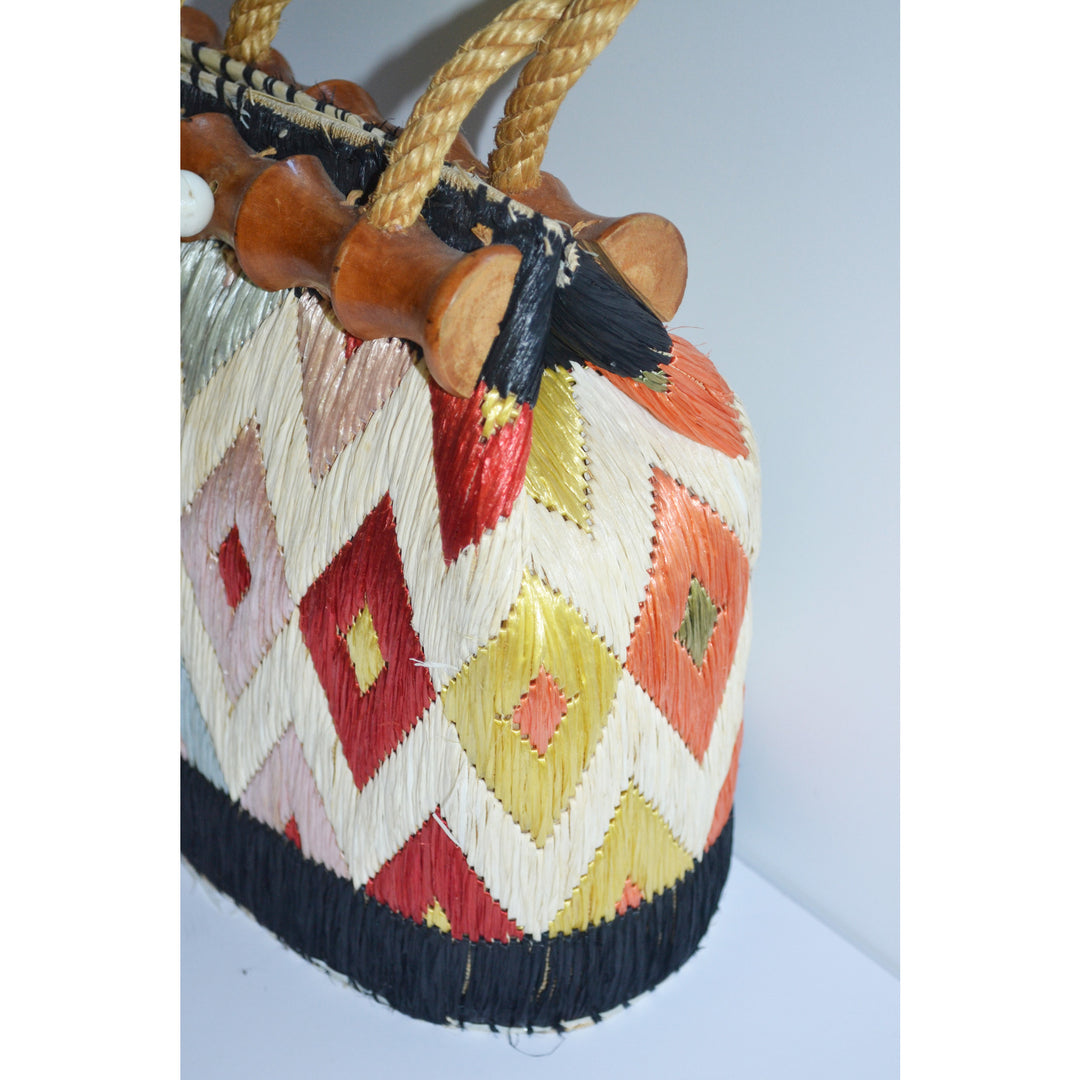 Vintage Synthetic Straw & Bamboo Purse