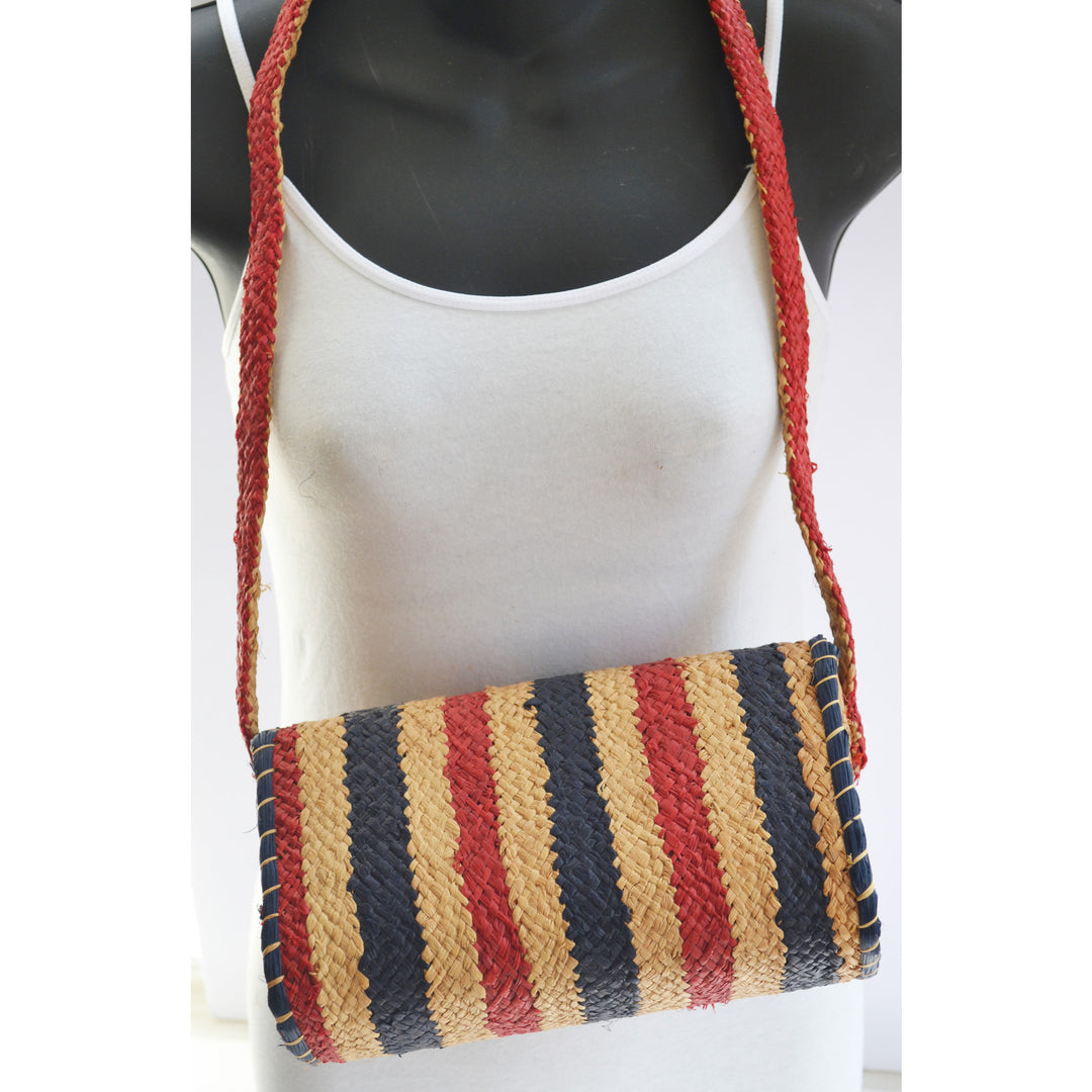 Vintage Italian Red & Blue Natural Straw Shoulder Purse