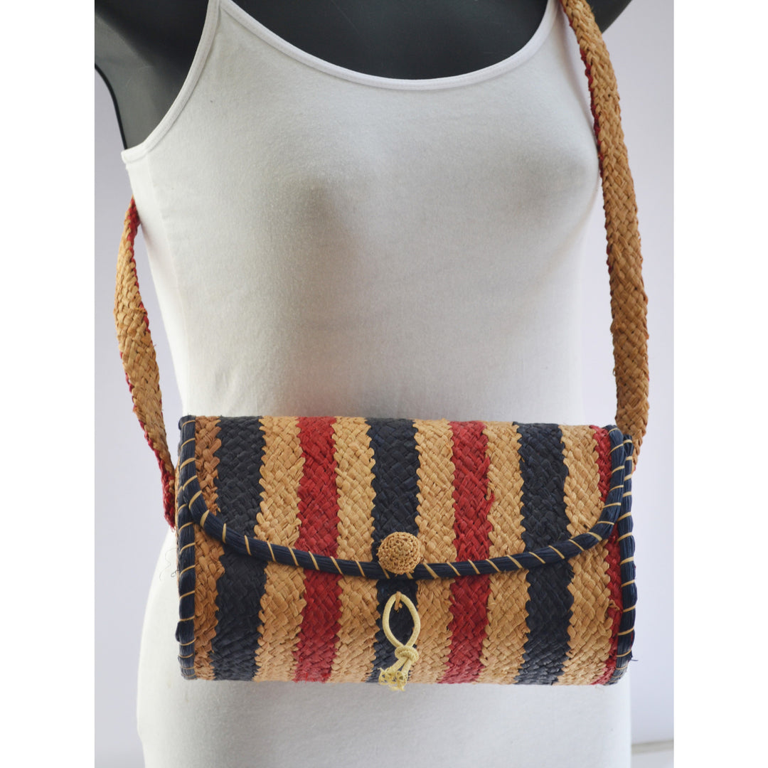 Vintage Italian Red & Blue Natural Straw Shoulder Purse