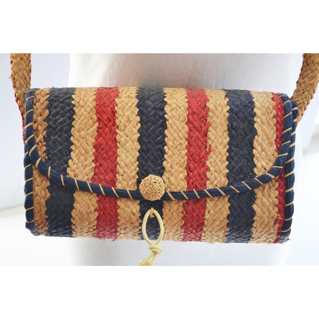 Vintage Italian Red & Blue Natural Straw Shoulder Purse