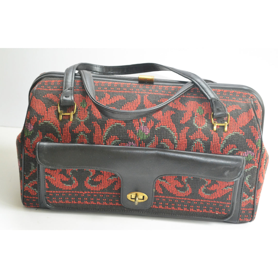 Vintage Red Flocked Tapestry Carry-All Handbag