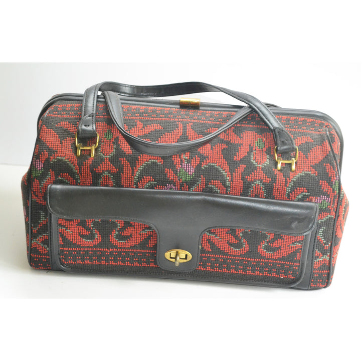 Vintage Red Flocked Tapestry Carry-All Handbag