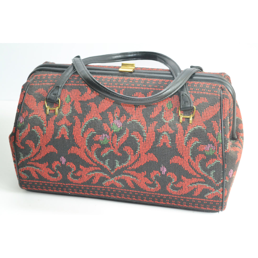 Vintage Red Flocked Tapestry Carry-All Handbag