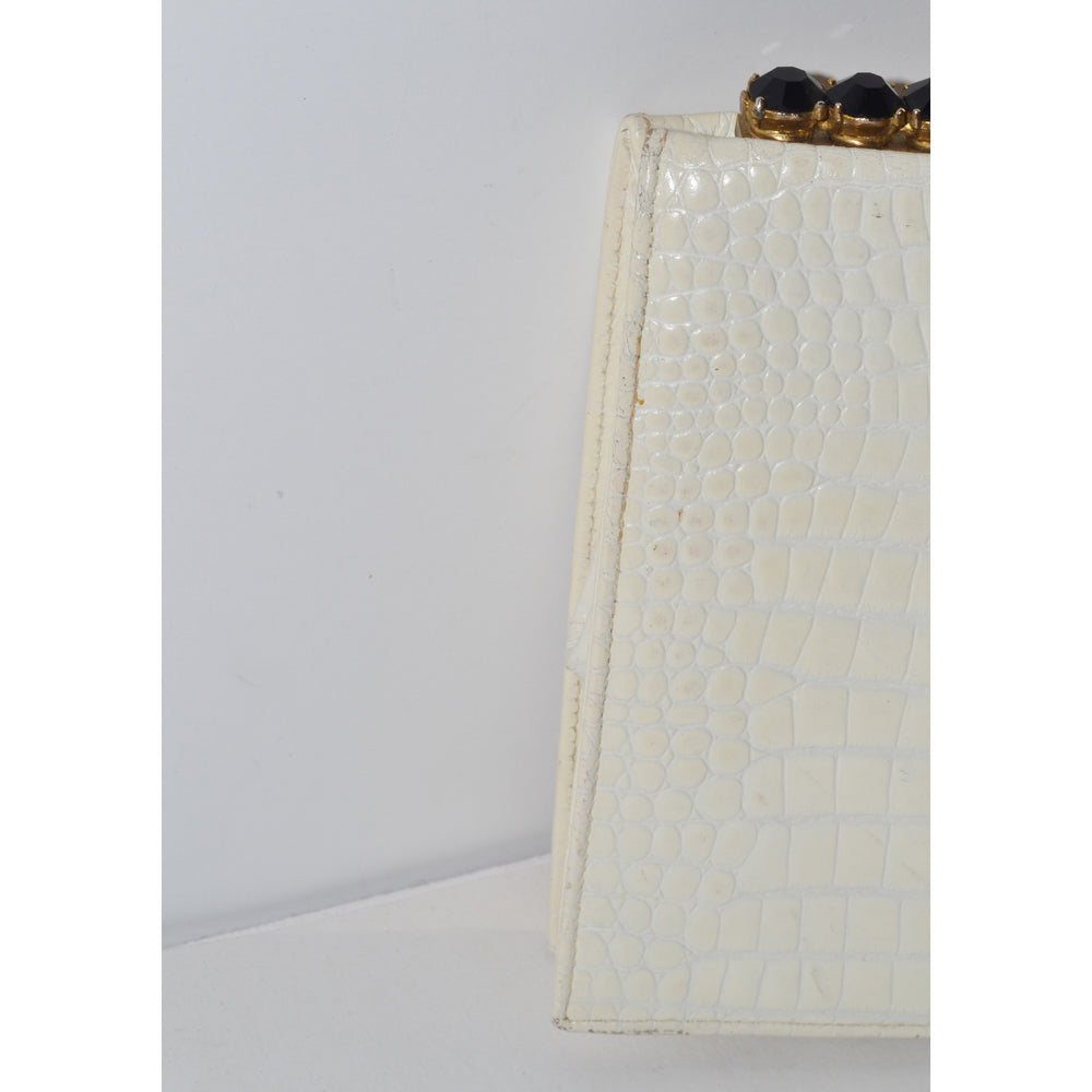 Vintage White Embossed Leather Jeweled Clutch