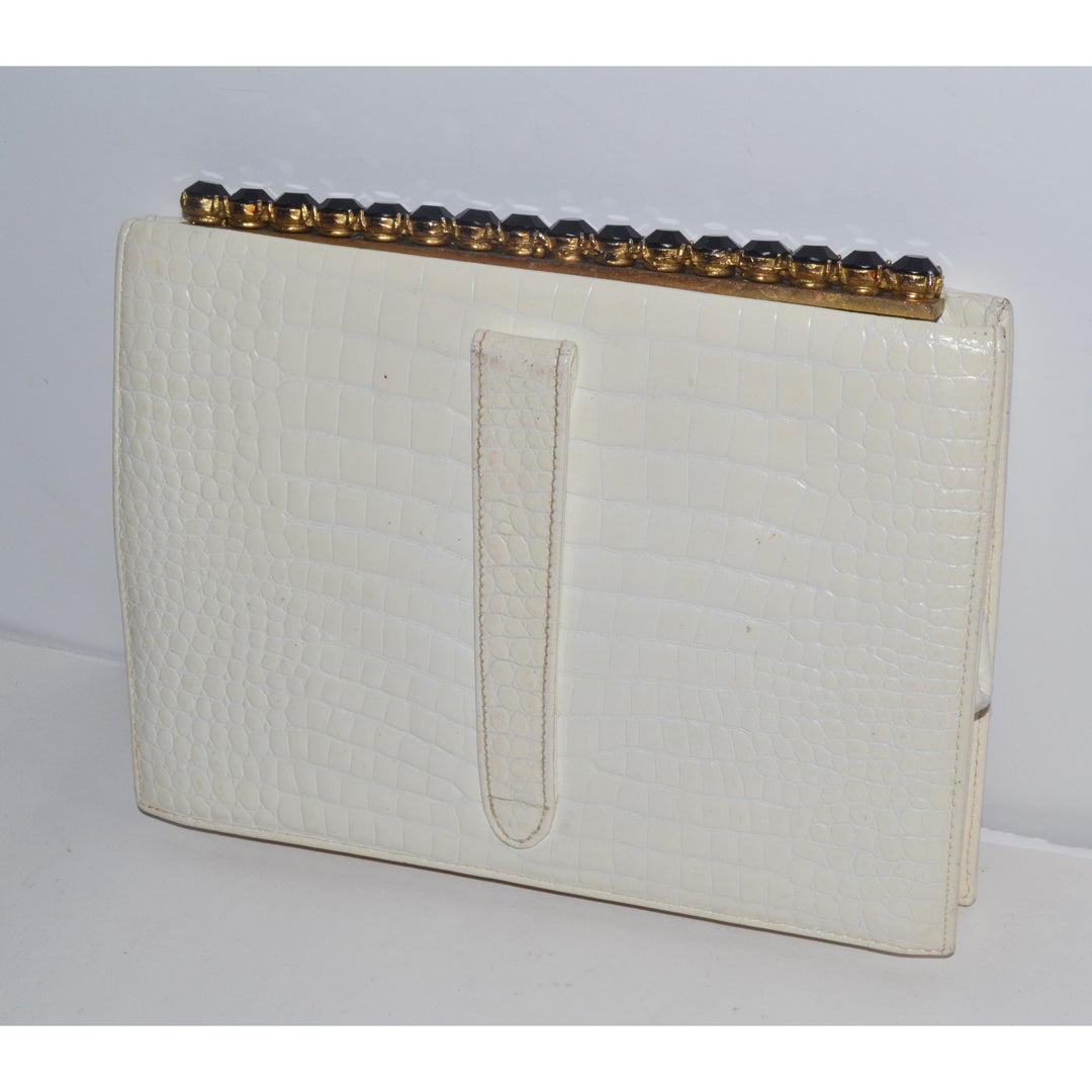 Vintage White Embossed Leather Jeweled Clutch