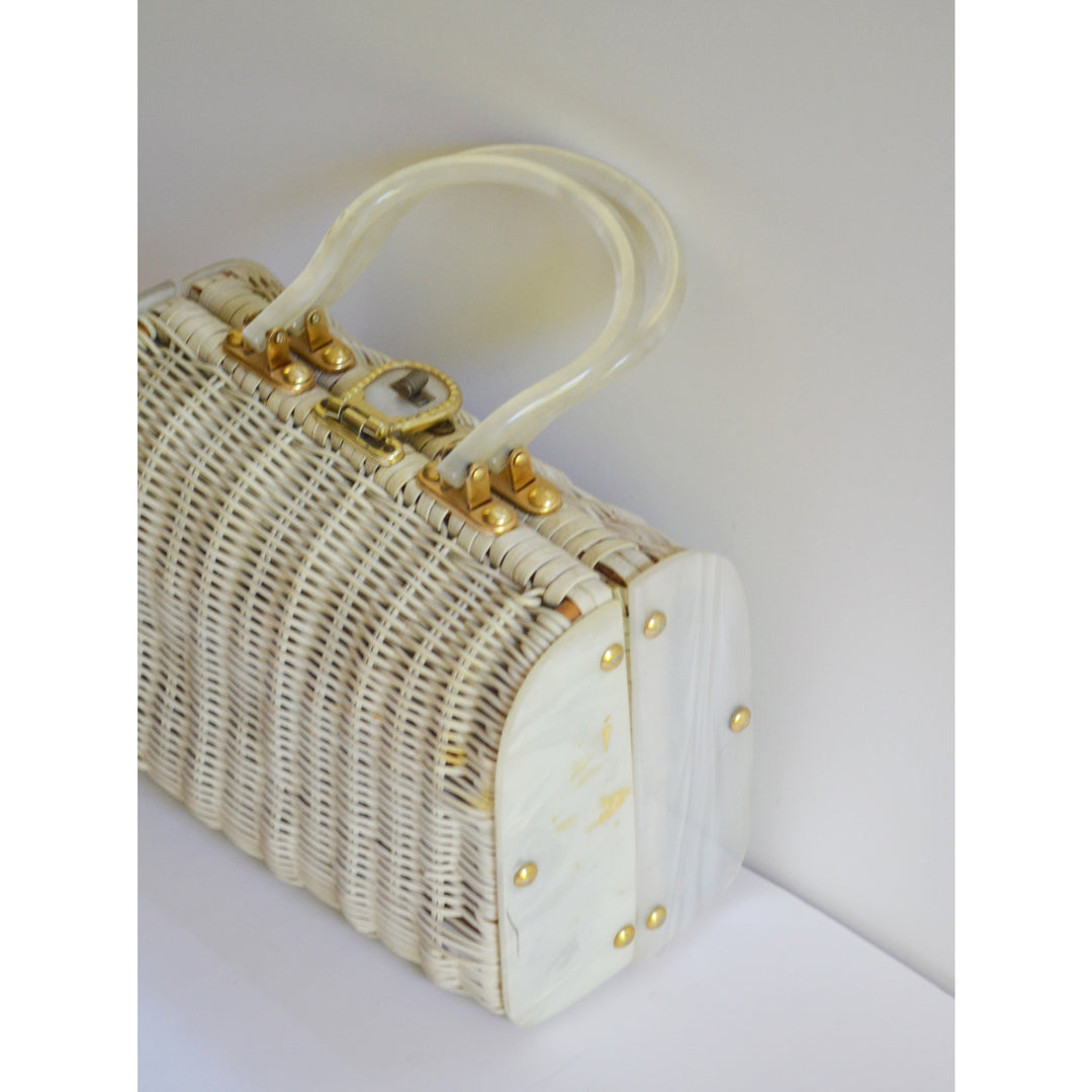 Vintage White Lucite & Wicker Purse