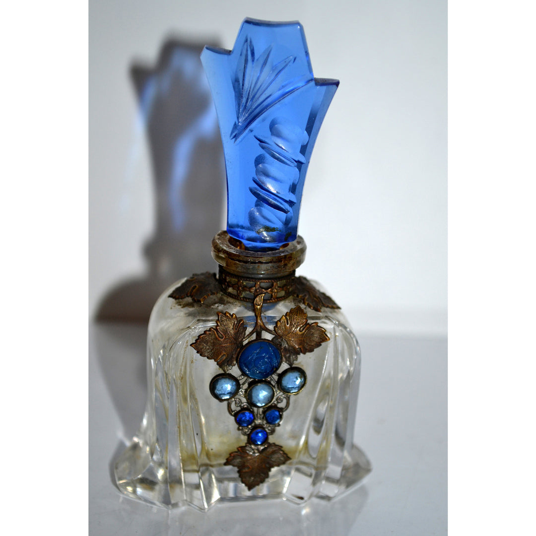 1930's Jeweled Blue Ornate Cut Czech Perfume Bottle By Aristo