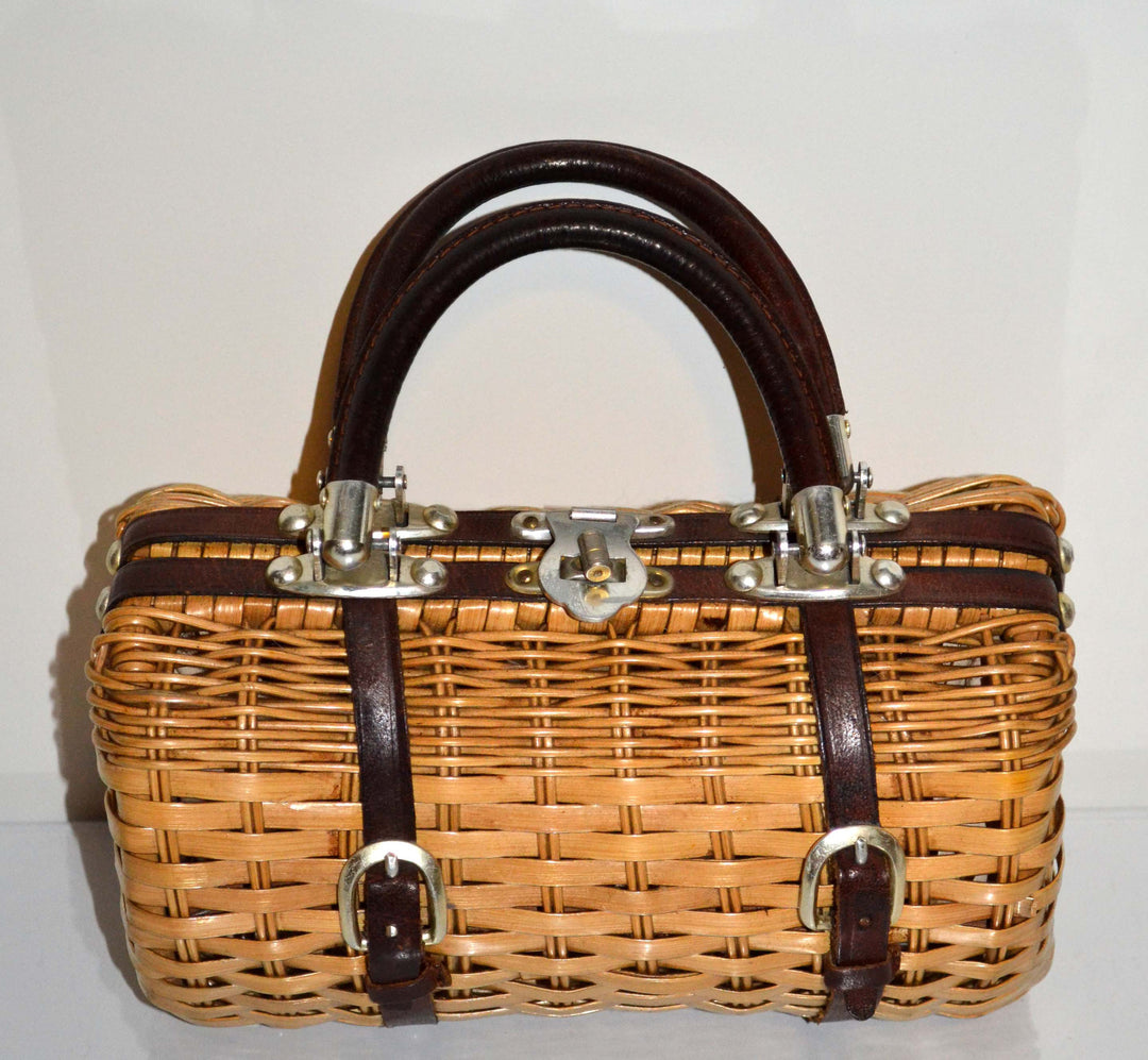 Vintage Leather Trimmed Wicker Barrel Purse