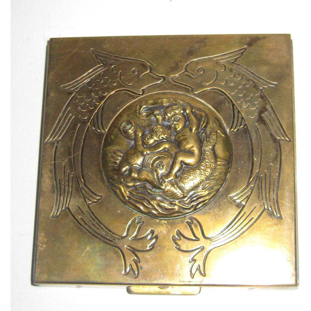 Vintage Art Nouveau Square Goldtone Cherub Compact