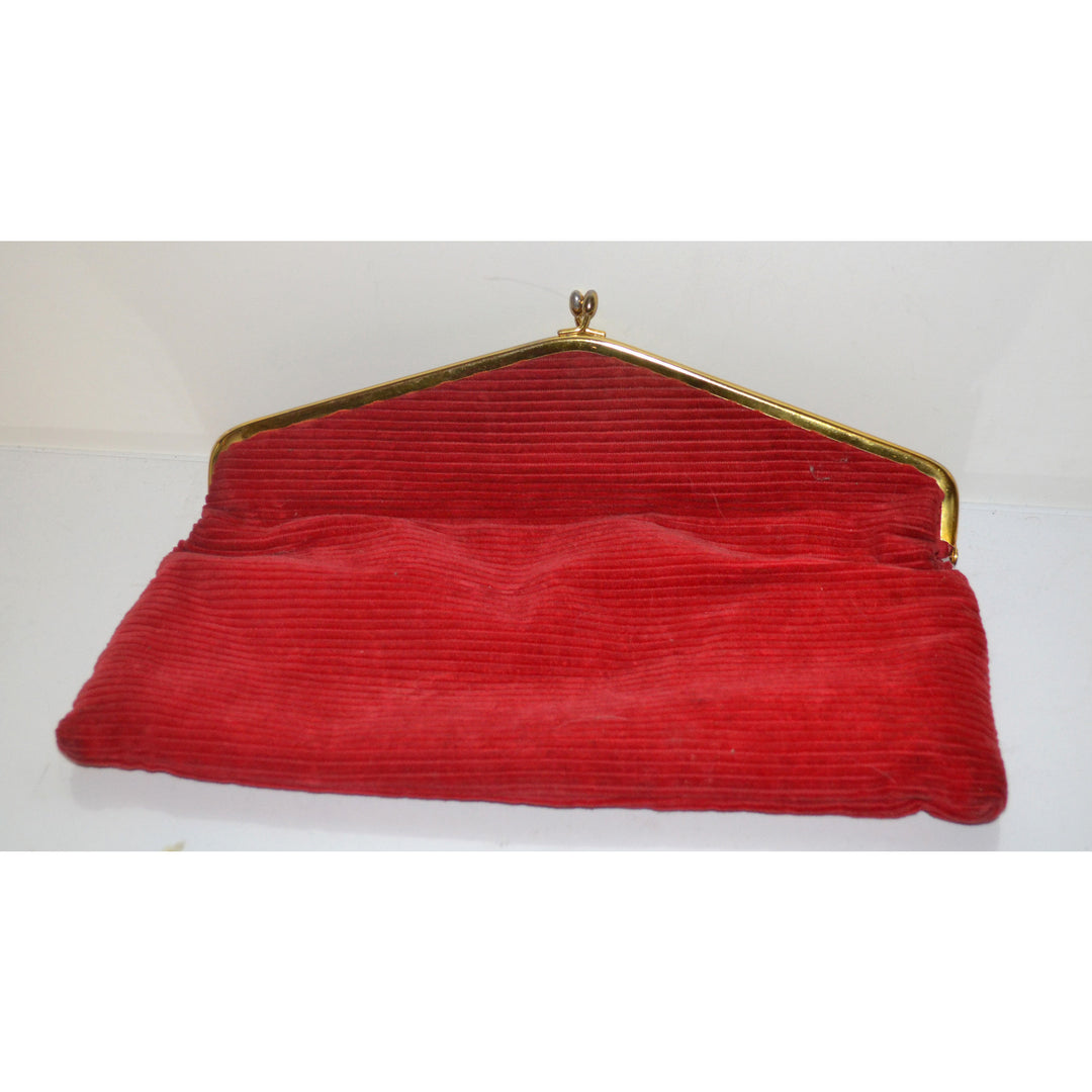 Vintage Red Fold Over Corduroy Clutch Purse