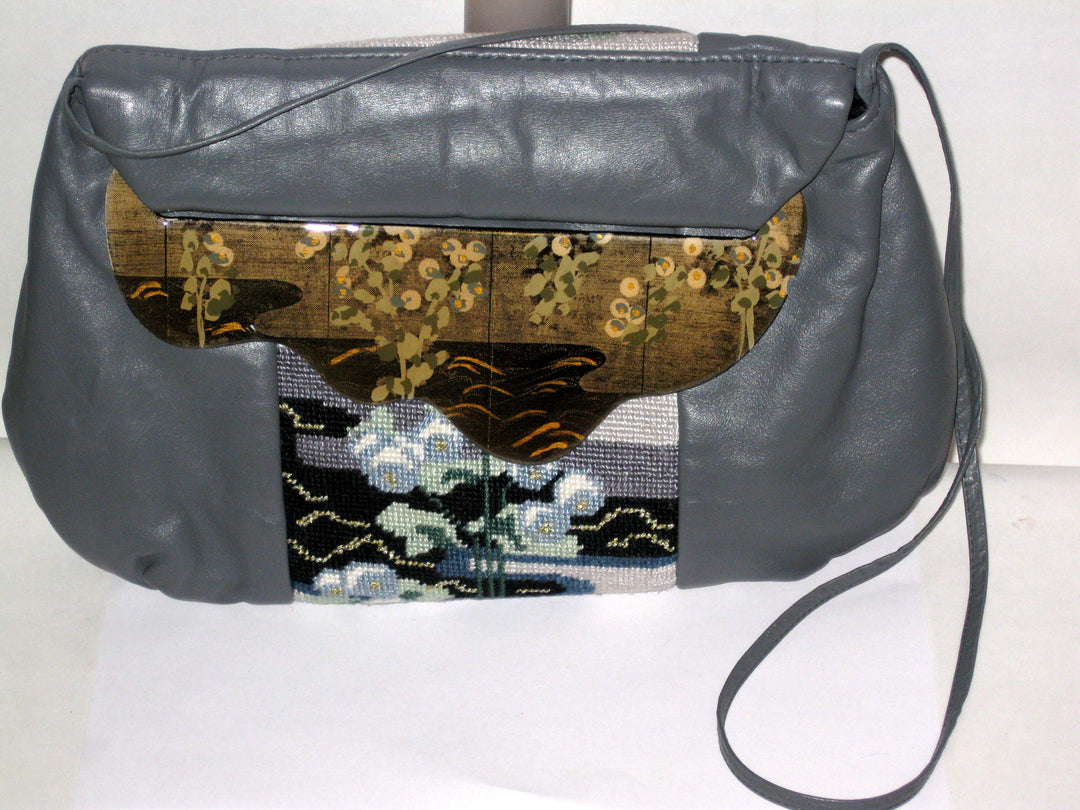 Vintage Patricia Smith Moon Bag Grey Leather Needlepoint Purse