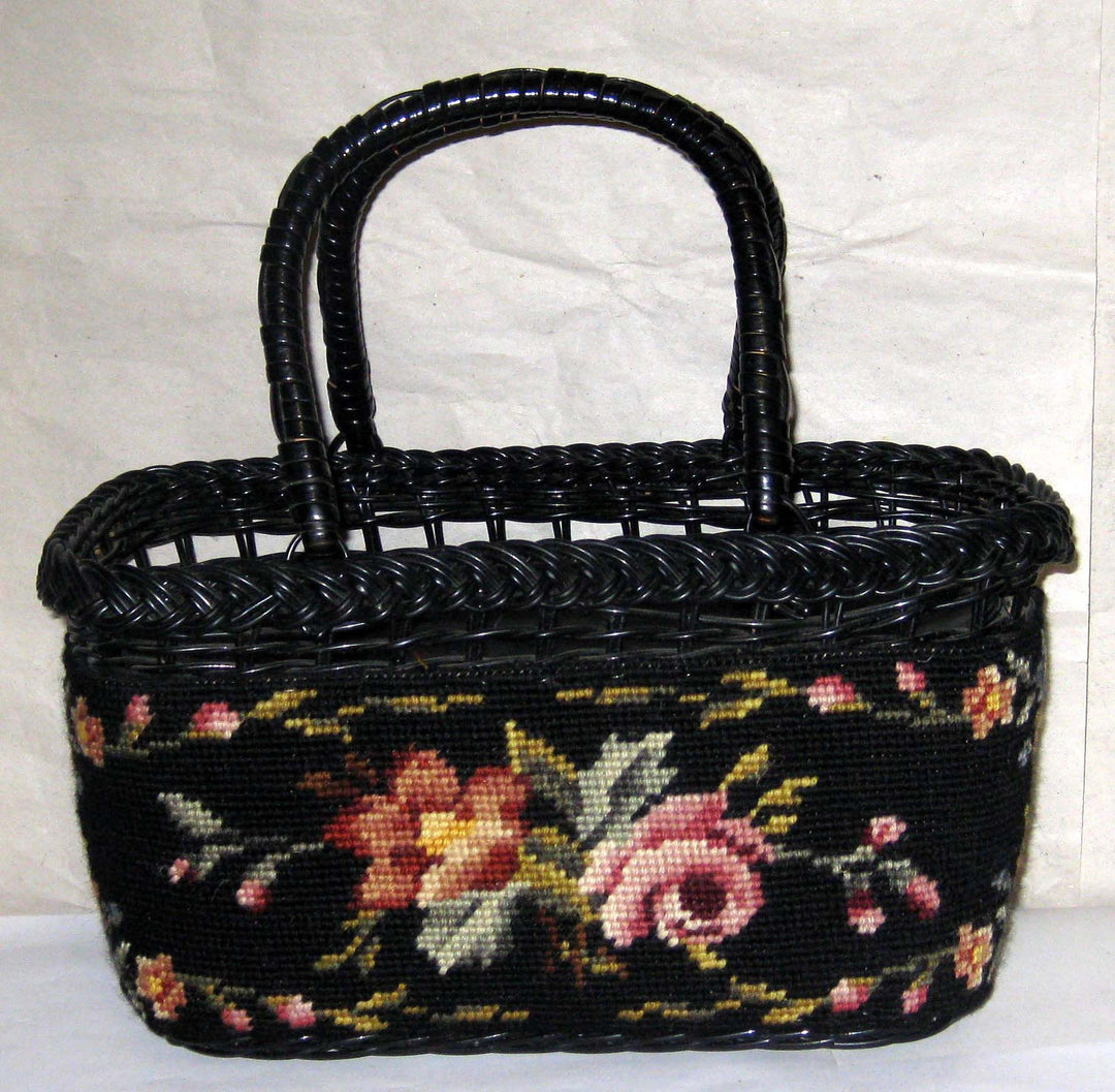 Vintage Black Needlepoint Wicker Basket Purse