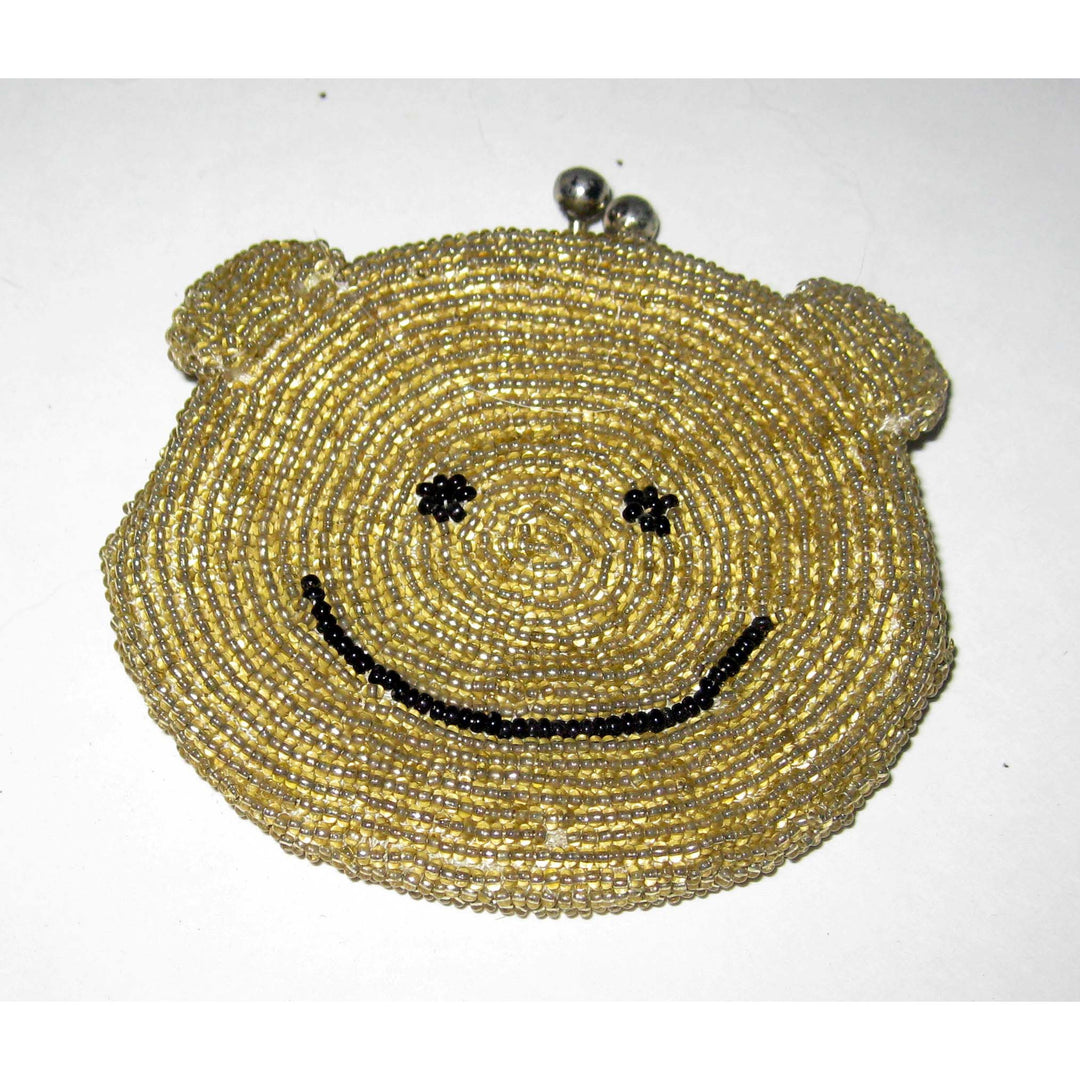 Vintage Gold Beaded Bear Face Coin Purse