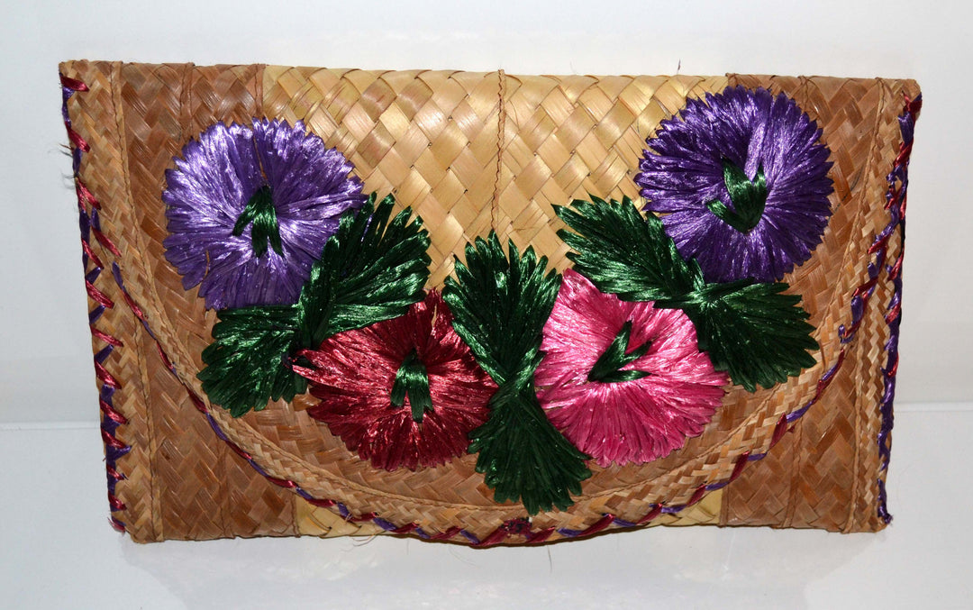 Vintage Tropical Straw & Raffia Clutch Purse