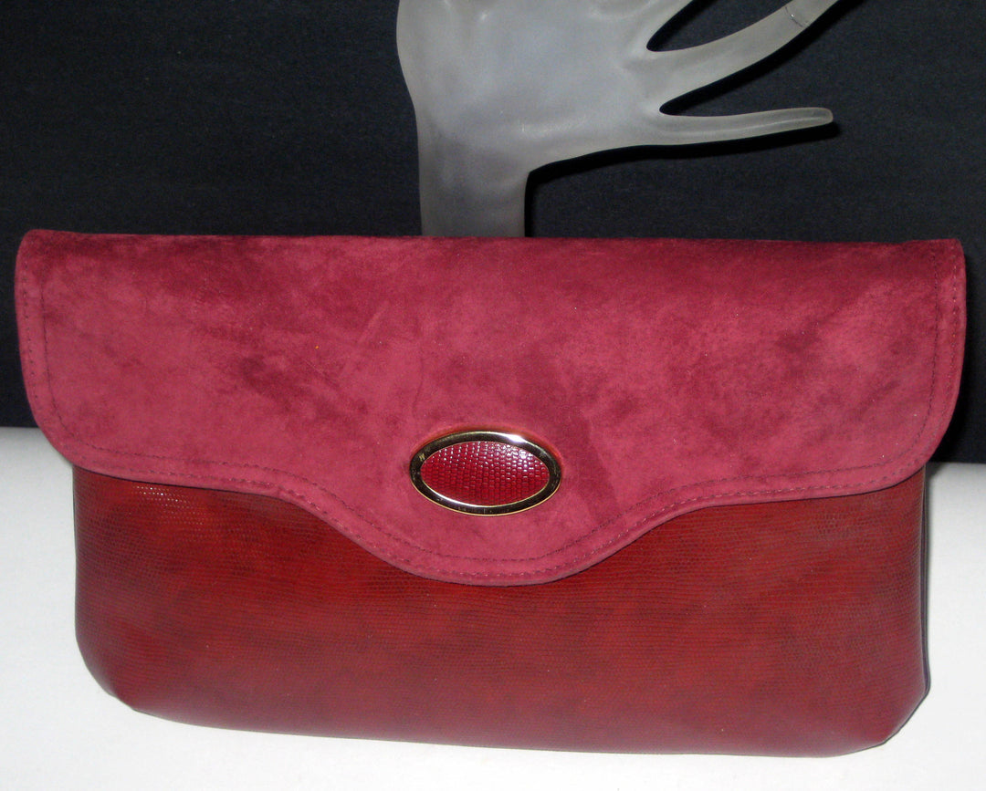 Vintage Wine Faux Lizard & Suede Clutch Purse