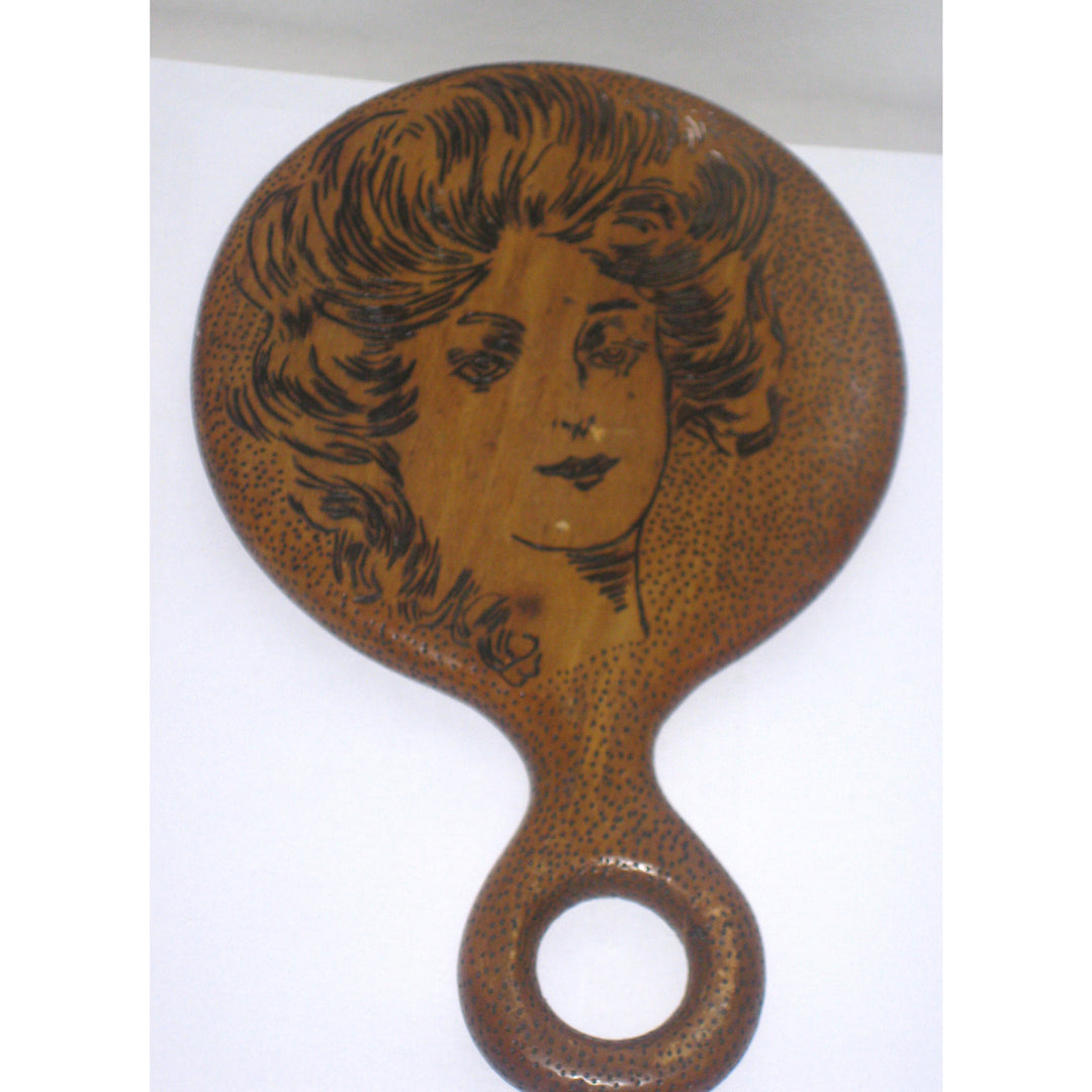 Vintage Victorian Engraved Wood Hand Mirror