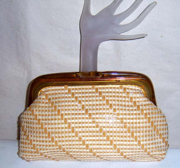 Vintage Woven Straw Plastic Tortoise Framed Clutch